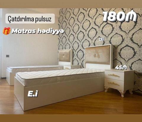 Məhsul: İki ədəd tək nəfərlik çarpayı və tumbalar dəsti - Rəng: ağ — NM Mebel — Жатын бөлме жиһазы жинақтары
