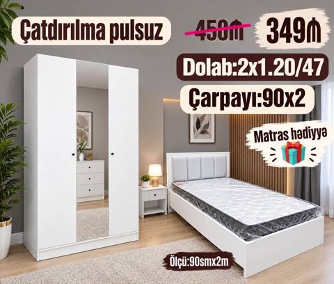 Ağ rəngdə yataq otağı dəsti - Çarpayı: 90 x 200 sm ölçü (şəkildə — 349 ₼ · Баку · Yataq otağı mobilya dəstləri Ağ rəngdə yataq otağı dəsti - Çarpayı: 90 x 200 sm ölçü (şəkildə — Баку