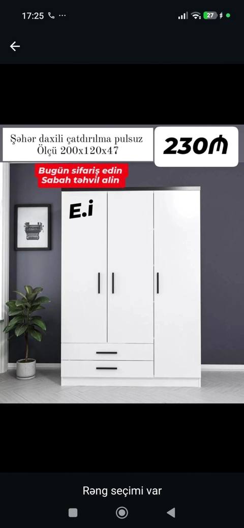 Ağ rəngdə 3 qapılı geyim dolabı - Ölçü: 200 x 120 x 47 sm - Dizayn — Baku