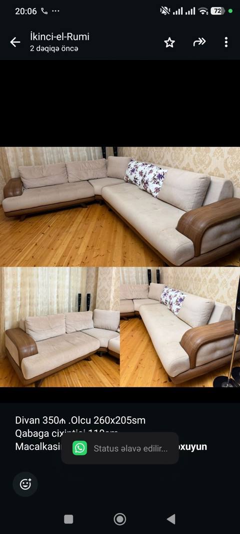 Divan 350₼ .Olcu 260x205sm Qabaga cixintisi 110sm Macalkasinda hec bir — 350 ₼ · Baku · Divanlər Divan 350₼ .Olcu 260x205sm Qabaga cixintisi 110sm Macalkasinda hec bir — Baku
