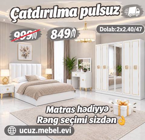 Ağ-qızılı dizaynda dəbdəbəli yataq otağı dəsti Dəst tərkibi: - Yataq — 849 ₼ · Баку · Yataq otağı mobilya dəstləri Ağ-qızılı dizaynda dəbdəbəli yataq otağı dəsti Dəst tərkibi: - Yataq — Баку