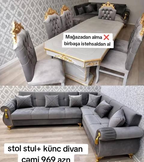 Dəst: stol, stullar və künc divan - Üslub: klassik-lüks dizayn, boz — 969 ₼ · Баку · Yumşaq mobilya dəstləri Dəst: stol, stullar və künc divan - Üslub: klassik-lüks dizayn, boz — Баку