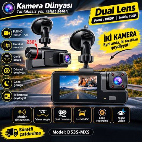 İki Linzalı AvtoDVR – Model: D53S-MXS - Ön kamera: 1080P Full HD — Sumqayıt