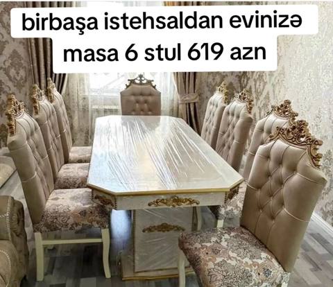 Klassik üslubda yemək otağı dəsti – masa və 6 stul. - Zərif oyma və — Bakı