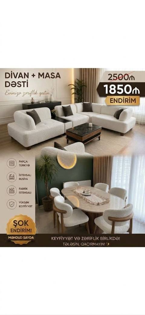 Divan + Masa Dəsti Tərkib: - 1 ədəd künc divan komplekti (yumşaq, ağ — 1 850 ₼ · Баку · Yumşaq mobilya dəstləri Divan + Masa Dəsti Tərkib: - 1 ədəd künc divan komplekti (yumşaq, ağ — Баку