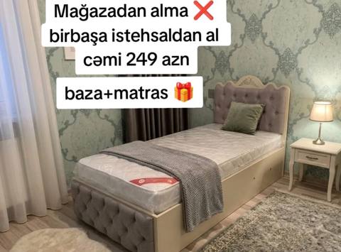 Baza + matras dəsti - Tək nəfərlik ölçü - Yumşaq kapitone başlıq — Bakı