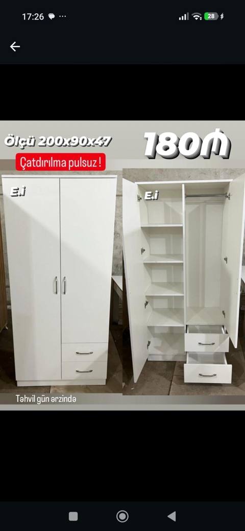 İki qapılı ağ rəngdə şkaf - Ölçü: 200 x 90 x 47 sm (şəkildə — Baku