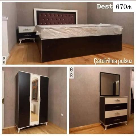 Yataq otağı dəsti – 670₼ Tərkibi: - Yataq: qəhvəyi-ağ çərçivəli — NM Mebel — Жатын бөлме жиһазы жинақтары
