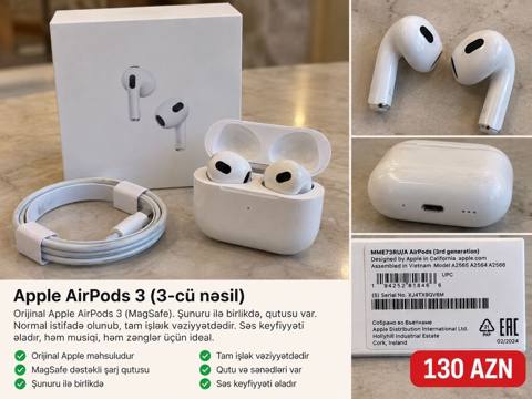 Apple AirPods 3 (3-cü nəsil) – 130 AZN Orijinal Apple AirPods 3 — 130 ₼ · Баку · Qulaqcıqlar Apple AirPods 3 (3-cü nəsil) – 130 AZN Orijinal Apple AirPods 3 — Баку