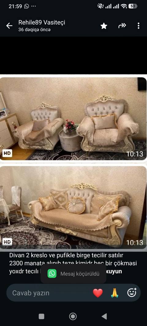 Divan 2 kreslo ve pufikle birge tecilir satılır 2300 manata alınıb — Baku