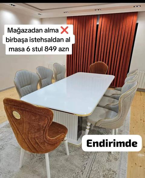 Yemək otağı dəsti – masa + 6 stul - Dəst tərkibi: 1 dördkünc masa, 6 — Bakı