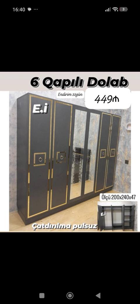 6 qapılı dolab – müasir dizayn, qara rəngdə qızılı qaşınmalarla. Orta — Furniture