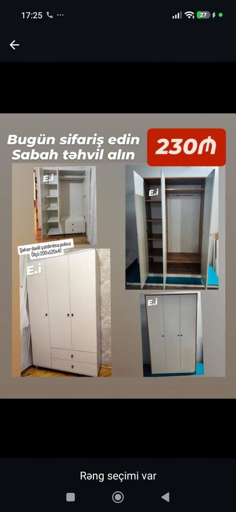 3 qapılı paltar şkafı – 200×120×47 sm - Daxili komplekt: asılqan üçün — Furniture