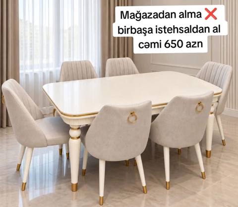 Yemək otağı dəsti: 1 masa + 6 stul - Rəng: krem/ağ masa, açıq boz — Bakı