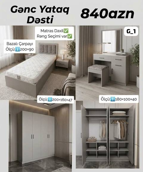 Gənc Yataq Dəsti – 840 AZN Komplektə daxildir: - Bazalı tək nəfərlik — Bakı