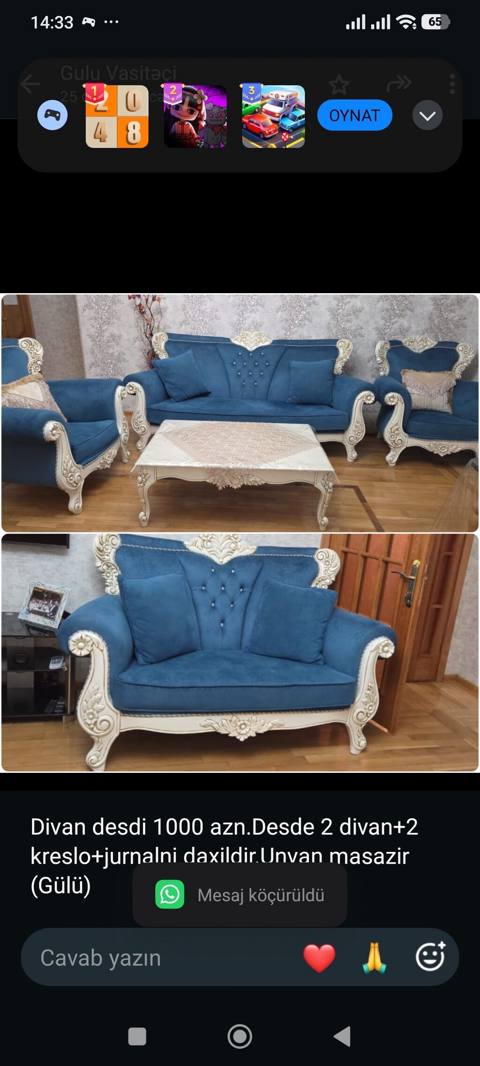 Divan desdi 1000 azn.Desde 2 divan+2 kreslo+jurnalni daxildir.Unvan — 1 000 ₼ · Баку · Yumşaq mobilya dəstləri Divan desdi 1000 azn.Desde 2 divan+2 kreslo+jurnalni daxildir.Unvan — Баку
