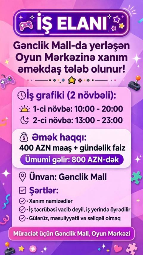 Hostes, qeydiyyatçı tələb olunur, İstənilən yaş, Təcrübəsiz — Хырдалан