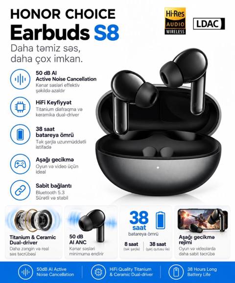Honor Choıce Earbuds S8 – Daha təmiz səs, daha çox imkan - 50 dB AI — 118 ₼ · Баку · Qulaqcıqlar Honor Choıce Earbuds S8 – Daha təmiz səs, daha çox imkan - 50 dB AI — Баку