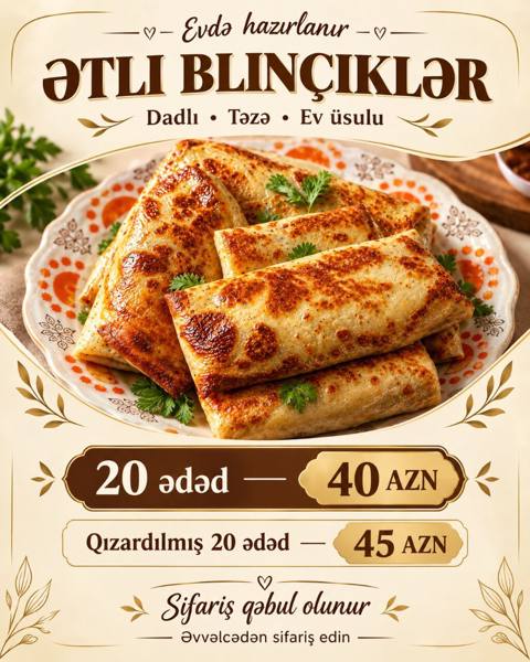 EV Üsulu Ətli Blinçiklər Evdə sevgi ilə hazırlanmış, dadlı və — 40 ₼ · Баку · Digər EV Üsulu Ətli Blinçiklər Evdə sevgi ilə hazırlanmış, dadlı və — Баку