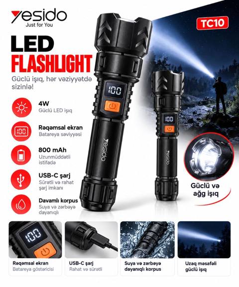Yesido TC10 LED Fənər - 4W güclü LED işıq – uzun məsafəni — Ürünler