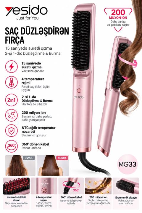 Yesido MG33 saç düzləşdirən fırça - 2-si 1-də: Düzləşdirmə və burma — 58 ₼ · Баку · Saç burmağa və düzəltməyə Yesido MG33 saç düzləşdirən fırça - 2-si 1-də: Düzləşdirmə və burma — Баку