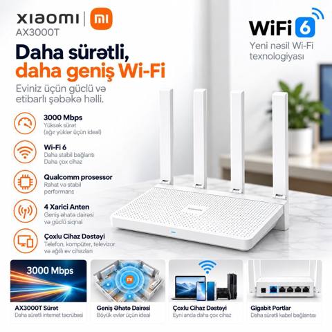 Xiaomi AX3000T Wi‑Fi 6 Router - Sürət: 3000 Mbps – ağır yüklənmə üçün — Bakı