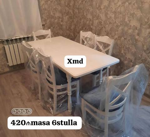 Ağ rəngdə yemək otağı dəsti: - 1 ədəd düzbucaqlı masa - 6 ədəd — Баку