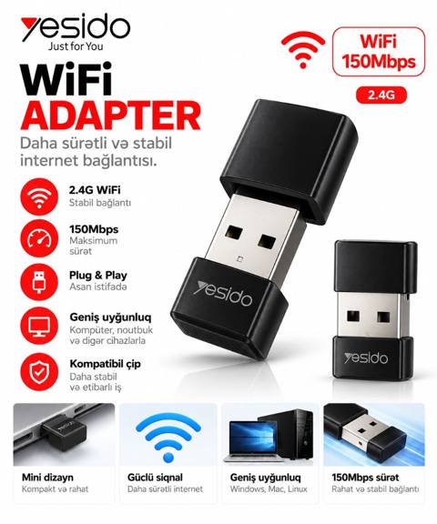 Yesido USB WiFi Adapter – 2.4G, 150Mbps Xüsusiyyətlər: - 2.4G WiFi — Bakı