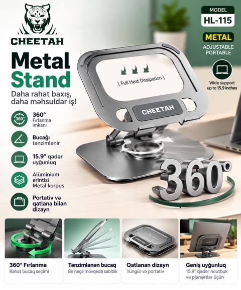 Cheetah Metal Stand – noutbuk və planşetlər üçün tənzimlənən metal — 10 ₼ · Bakı · Noutbuk aksesuarları Cheetah Metal Stand – noutbuk və planşetlər üçün tənzimlənən metal — Bakı