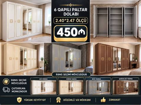 6 qapılı paltar dolabı – 2.40 x 2.47 m ölçü Qiymət: 450₼ — Bakı