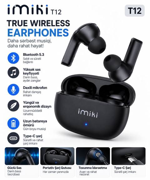 Imiki T12 True Wireless qulaqlıqlar - Bluetooth 5.3: sabit və sürətli — 80 ₼ · Баку · Qulaqcıqlar Imiki T12 True Wireless qulaqlıqlar - Bluetooth 5.3: sabit və sürətli — Баку