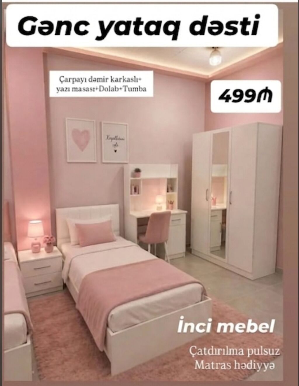 Qız üçün, Yeni, Təknəfərlik çarpayı — Uşaq mebeli dəstləri, Bakı