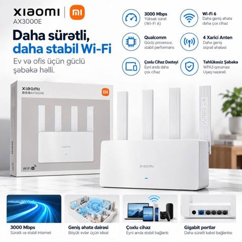 Xiaomi AX3000E Wi‑Fi 6 router - 3000 Mbps-ə qədər yüksək sürət (Wi‑Fi — Bakı