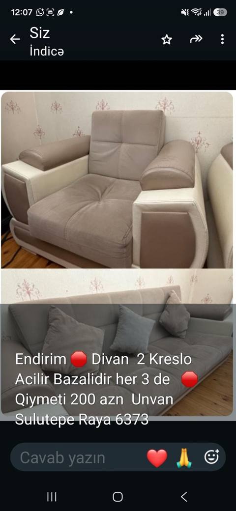 Mebel dəsti: 1 divan + 2 kreslo - Divan və hər iki kreslo açılır — Ceyranbatan