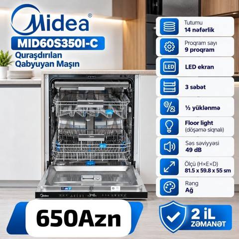 Qabyuyan maşın Midea, Tam qabaritli (60 sm.), Quraşdırılan, Yeni — ✅NUR ELEKTRONIKS✅ — Dishwashers (Large household appliances)