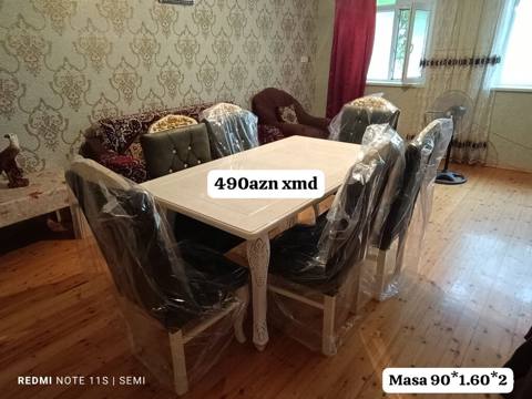 Ağ masa və 6 ədəd stul dəsti - Masa ölçüsü: 90 160 2 sm (üzlük — Ucuz serfeli Mebel — ავეჯი