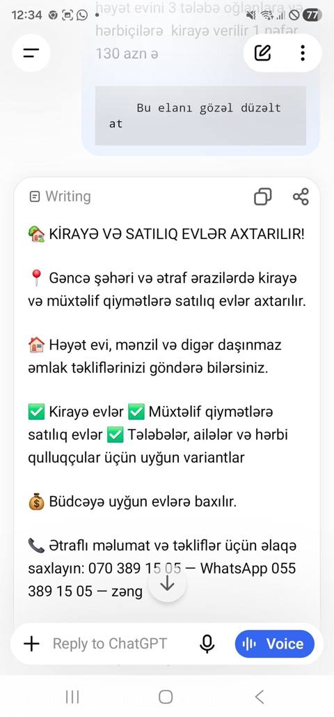 Kirayə EV Ünvan: Gəncə şəhəri, Pasyolka ərazisi, Texnologiya — 130 ₼ · 1 бөлмө · Гянджа · Ev, villa Kirayə EV Ünvan: Gəncə şəhəri, Pasyolka ərazisi, Texnologiya — Гянджа