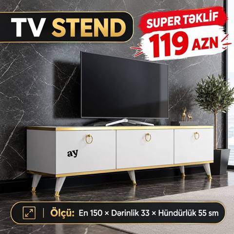 TV stend - Ölçü: En 150 Dərinlik 33 Hündürlük 55 sm - Rəng və — 119 ₼ · Баку · Televizor altlıqları və standlar TV stend - Ölçü: En 150 Dərinlik 33 Hündürlük 55 sm - Rəng və — Баку