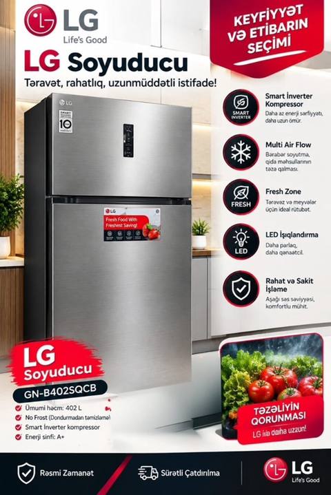 LG Soyuducu GN-B402SQCB - Ümumi həcm: 402 L – ailə və iri həcmli — Баку