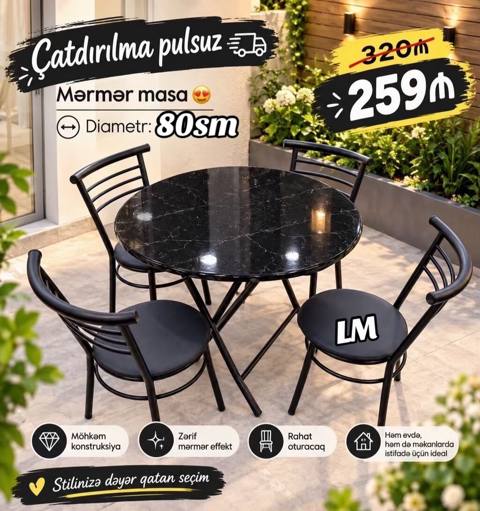 Mərmər effektli dairəvi masa dəsti - Masa səthi: qara rəngdə zərif — 259 ₼ · Baku · Masalar və stullar Mərmər effektli dairəvi masa dəsti - Masa səthi: qara rəngdə zərif — Baku