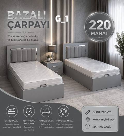 Bazalı Çarpayı G-1 - Ölçü: 200×90 sm - Qiymət: 220 manat - Matras — Baku