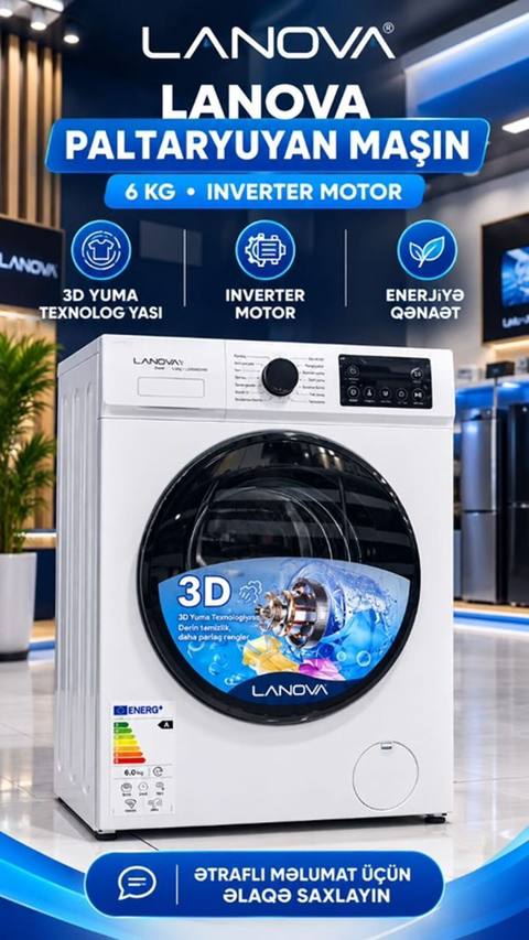 Lanova paltaryuyan maşın – 6 kq, Inverter motor Özəlliklər: - 3D yuma — Menotech — სარეცხი მანქანები