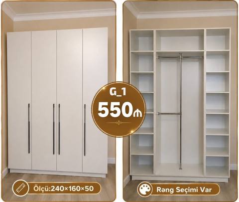 G_1 modeli dolab - Ölçü: 240 160 50 sm - Dörd qapılı, minimal — Baku