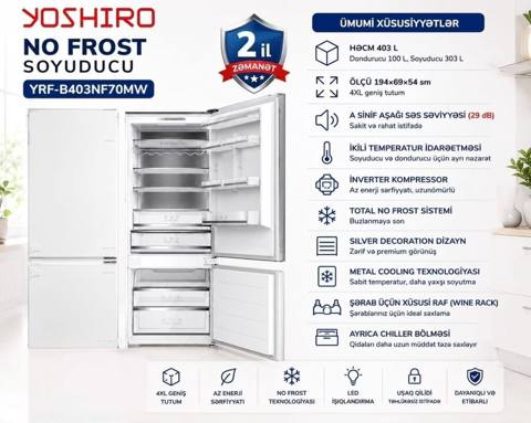 Yoshıro YRF-B403NF70MW No Frost soyuducu Ümumi həcmi: 403 L — Baku
