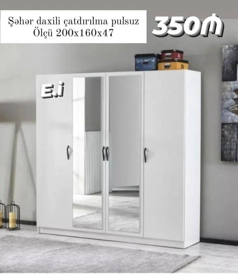 Üç qapılı paltar dolabı – ağ rəngdə, orta hissədə iki ədəd güzgülü — Bakı