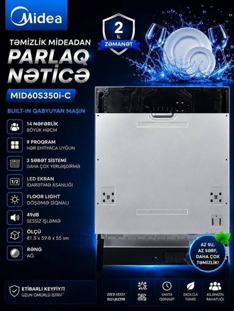 Midea MID60S350i-C quraşdırılan qabyuyan maşın - Tutum: 14 nəfərlik — Баку