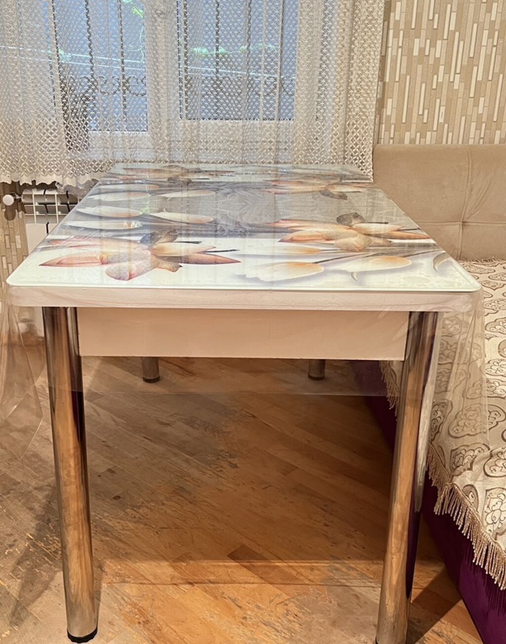 Şüşə səthli açılıb-bağlanan masa - Üst hissə: temperli şüşə, 3D çiçək — Masalar, Bakı (2)
