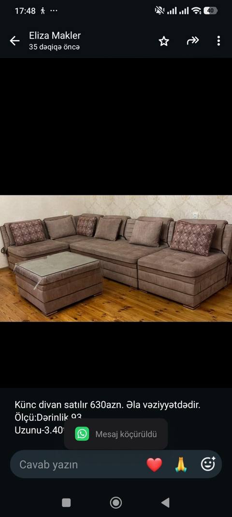 Künc divan satılır 630azn. Əla vəziyyətdədir. Ölçü:Dərinlik 93 — Baku