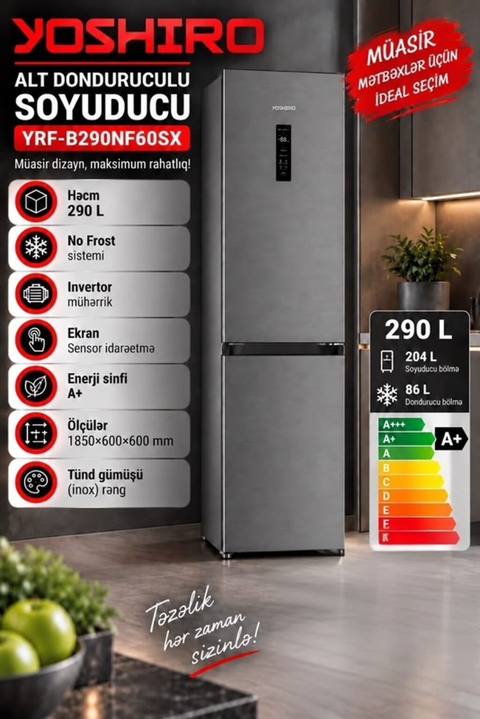 Yoshiro YRF-B290NF60SX alt donduruculu soyuducu - Ümumi həcm: 290 L — Baku