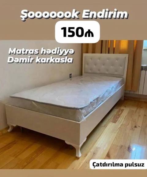 Ağ rəngli tək nəfərlik çarpayı – klassik dizayn, yumşaq başlıqla — Баку